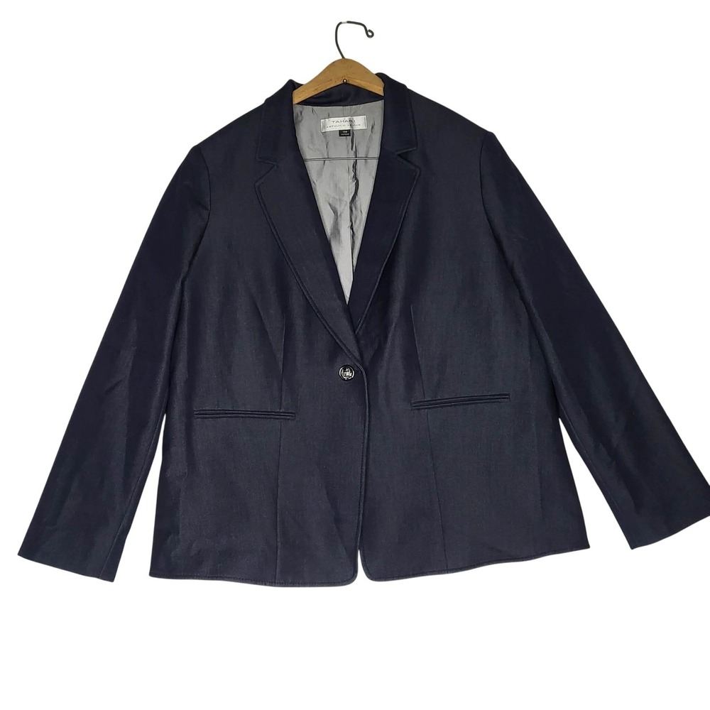 Tahari ASL Women Navy Blue One Button Blazer Jacket Size 14 Denim Fabric